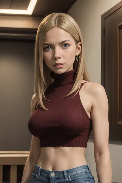 ((Realistic)), ((photoRealistic)),((in high definition, Masterpiece, Best quality, cinema lighting)), Masterpiece, Best quality:1.2), Upper body, One, 1 girl, liz, belt, blonde hair, Blue eyes, It has, crop top,lifts her top exposing her tits, It has, long...