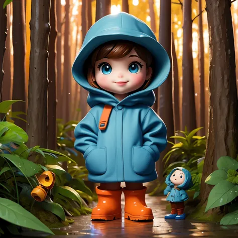 (masterpiece, best quality:1.2),in the forest，rainy day，1 miniature cartoon character, alone，3d dolls，hands in pockets，wearing h...