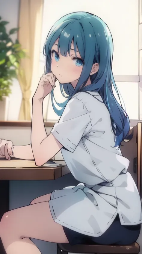 anime girl, alone, blue hair, long hair, waitress, kiss the camera, kiss, kiss the viewer