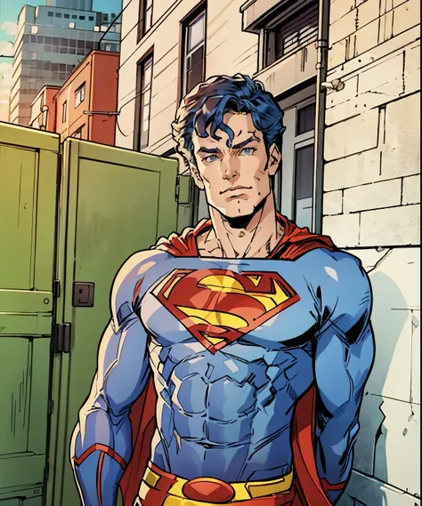 there is a man , ((Superman suit)),(blue eyes),90s comic ,Marvel Comics,background is New York citys,professional comic book style, prominent outline linework