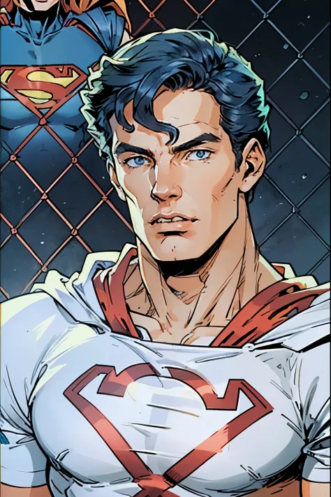 there is a man , ((Superman suit)),(blue eyes),90s comic ,Marvel Comics,background is New York citys,professional comic book style, prominent outline linework