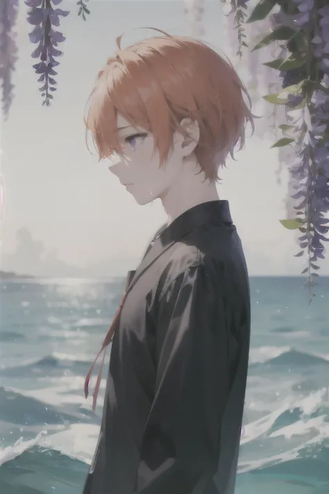 1 boy、Gaze to the side、Profile up、tears、orange hair、beautiful、In the sea、sad expression、short hair、beautifulまつ毛、purple eyes、flowing wisteria、black clothes