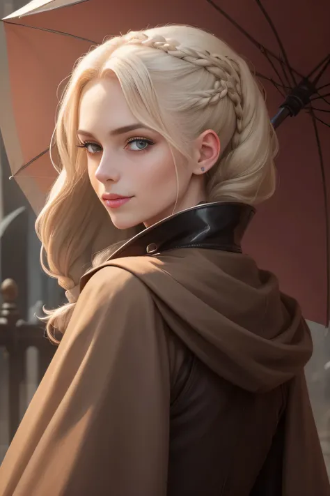 brown cloak with oversized collar, Victorian female outfit, umbrella, biting lip, looking back at camera seductively, flat chest, Brett Cooper, innocent, smile, flat chest, platinum blonde hair, brown eyes, muscular shoulders, braid, side of head shaved, f...