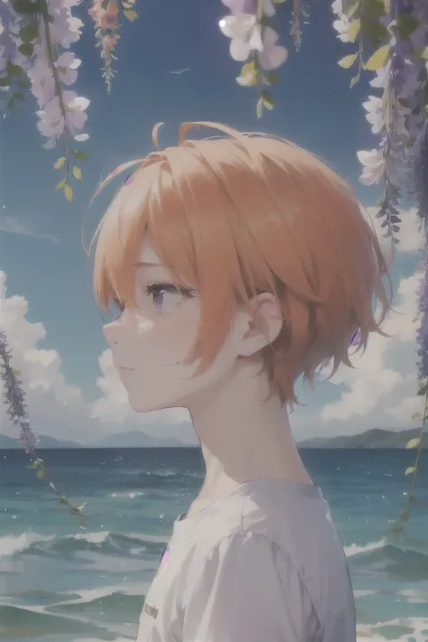 (1 boy、Gaze to the side、Profile up、tears、orange hair、beautiful、In the sea、sad expression、short hair、beautifulまつ毛、purple eyes、flowing wisteria、In the sea、)