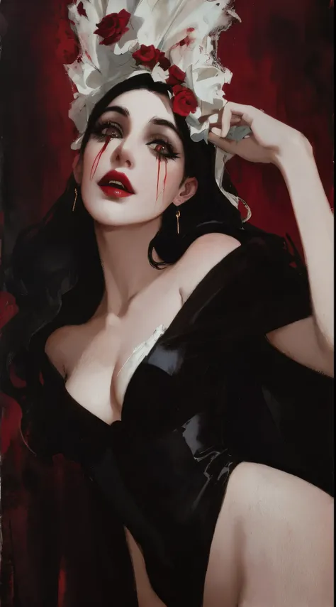 (Monica Bellucci), Beautiful sensually dressed vampire, bared fangs, (Background is a blood-covered river), watercolor style smear, art, dramatic lighting, David Lynchs image style, abstract expressionism, metaphysical body horror, expressionism, golden ra...