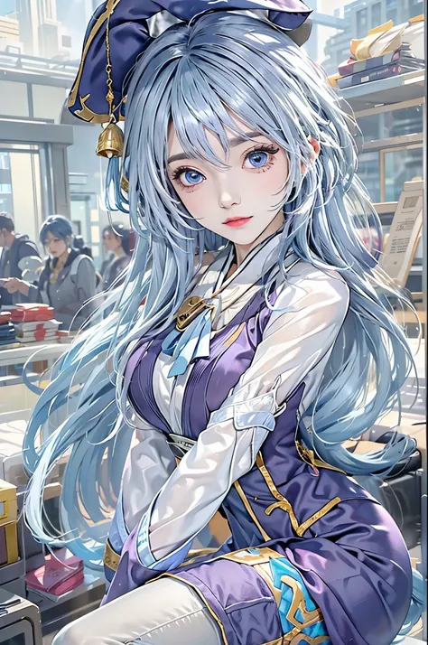 lifelike, high resolution, 1 female, long blue hair, beautiful eyes, normal breast, employment clothes,Gloves, trumpet, neck bell, pantyhose, purple eyes, side lock, tassel, white sleeves,(employment (Genshin Impact))