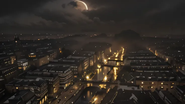 high drone shot, no figure, urban setting, 19th century London, London slums, few lights, nighttime, pitch black sky, dark, extremely foggy, smoke, rainy, narrow street, moon resembling skull covered by clouds, pubs, detailed