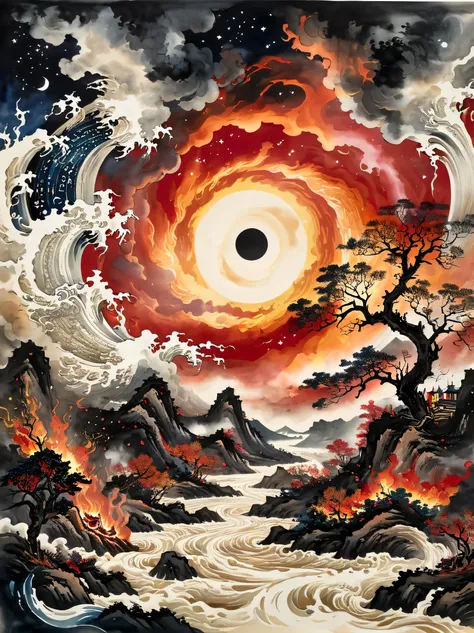 super detailed，Chinese ink style，Chinese Dream Landscape，epic disaster scene，Depicts an alien star invasion that plunges a river into chaos. reception, Silhouette of a man standing, His eyes were fixed on the starry sky above his head, In a forest engulfed...