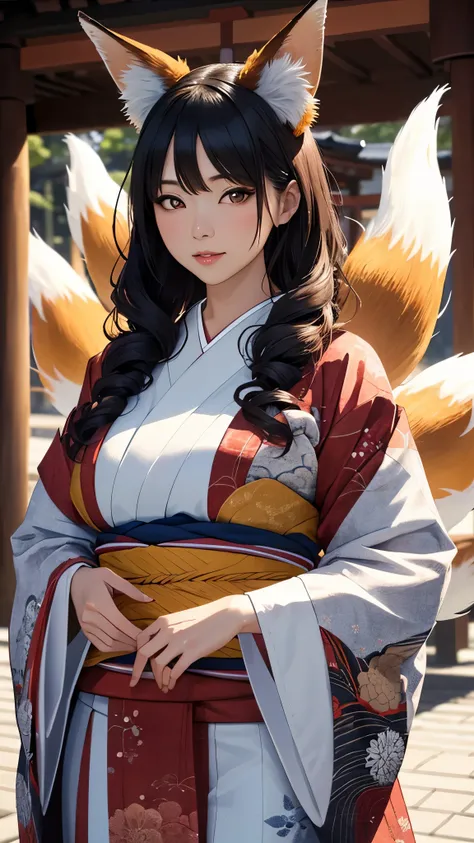 (masterpiece, best_quality, ultra-detailed, immaculate:1.3), portrait, upper body, detailed face, detailed hands, 1woman, epic, kitsune, ((9 tail fox)), foxgirl, japanese spirit, sexy kimono, walking stance, curvy body, curly hair, bows, lace, priestess of...