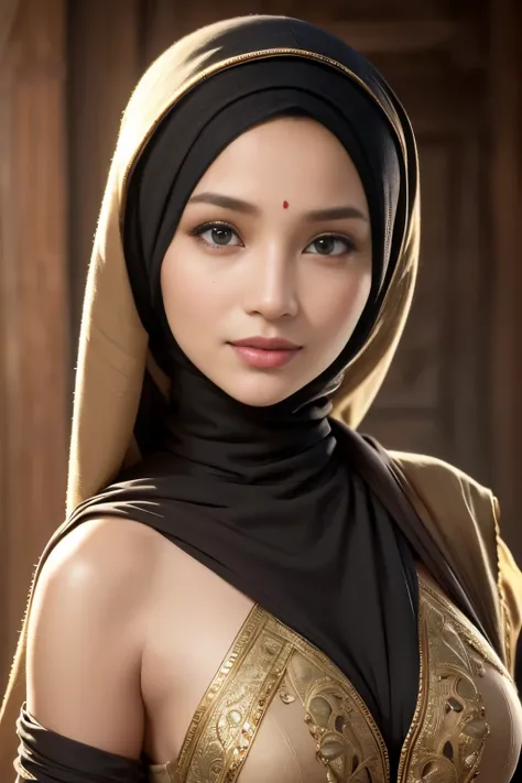 colorful, tombraider, cleavage, hijabi, Absurd, ultra-detailed, high quality, masterpiece, detailed face, beautiful eyes(detailed eyes), javanese, gentle and graceful, face exudes warmth and kindness, eyes described as soft and comforting, gentle and stead...