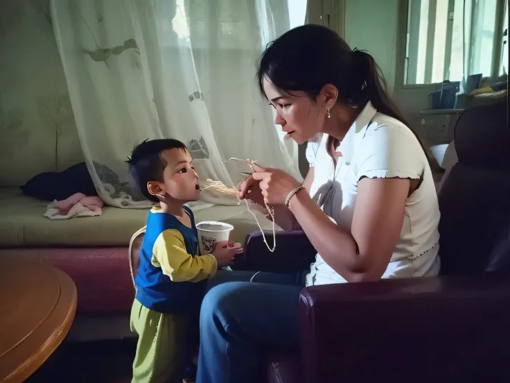 A child and a woman sitting on the sofa, , Woman feeds noodles to son, child looking at mother