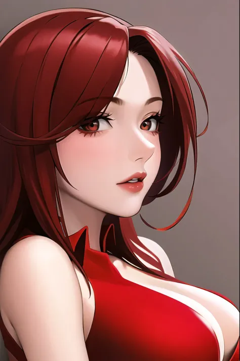 1girl, solo,red theme,looking at viewer,large breasts,portrait,from side,bad-girl,((mature female))