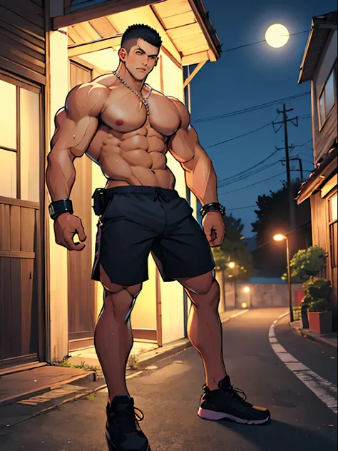 masterpiece, best quality, extremely detailed, full body,anime,man,middle age, rugged, {{{{{muscular}}}}}},buzz cut,handcuffs、Topless、shorts、regrettable、night