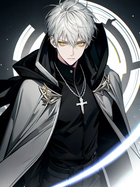 male, handsome, short hair, silver hair, yellow eyes, black cloak with mantle and hood, silver cross necklace, black shirt