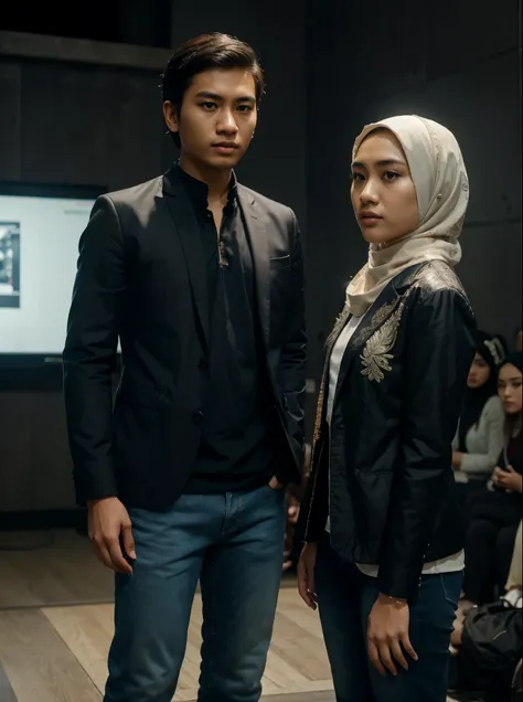 a young Indonesian man standing next to a young Indonesian woman. beautiful young woman, Hijab, blazer, jeans. best quality, realistic, photorealistic, (intricate detail: 1.2), (fine detail), (cinematic light), clear lines, sharp focus, realistic face, det...