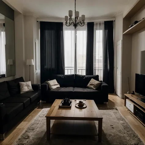 A large apartment seen from the inside at night. Avec deux étages . Un grand balcon qui donne vue sur la ville . Une grande cuisine ouverte . The main colors of the apartment are black and white.. It is both dark and welcoming. A large black sofa sits in t...