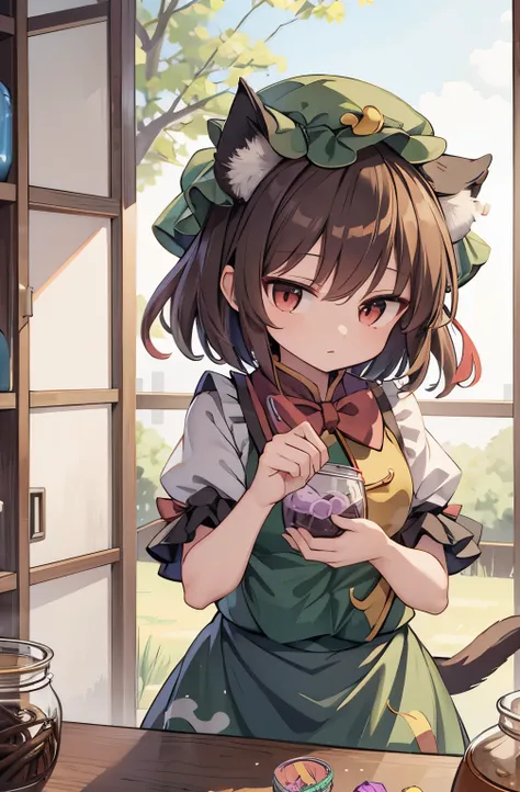 (((masterpiece))), (((best quality))), ((ultra-detailed)), (8K), anime style, (1girl）,(((Chen))),(((touhou project))), black cat tail,blown short hair,black cat ear,,(((holding colorful candy in a jar))), up face,shyness 
