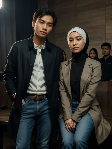 a young Indonesian man sits posing next to a young Indonesian woman. beautiful young woman, Hijab, long coat, jeans. best quality, realistic, photorealistic, (intricate detail: 1.2), (fine detail), (cinematic light), clear lines, sharp focus, realistic fac...