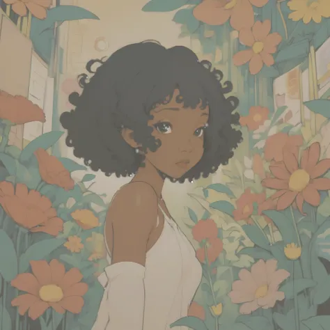 1 black girl, flowers, lineart, abstract