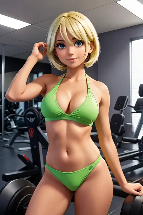 Uma garota sexy com cabelos castanhos, ela tem peitos gigantescos, she is at the gym, wearing a small lime green bikini