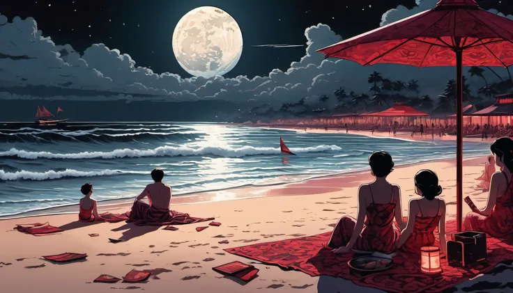 breathtaking illustration of beach, Young people standing on the border between crimson and black, intricate detail barbecue set, majestic symbolism, moonlit tragedy reigns supreme, step into the darkened dynasty, world of stoicism and totalitarianism, fan...