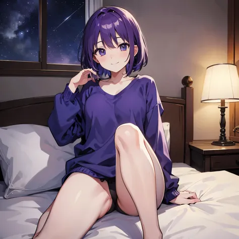 (T Masterpiece，4k wallpaper，best quality))、((girl１people))、(solo)、Shining and vivid，(purple hair)、(shortcut:1.3)、smile、Bedroom、pajamas、night