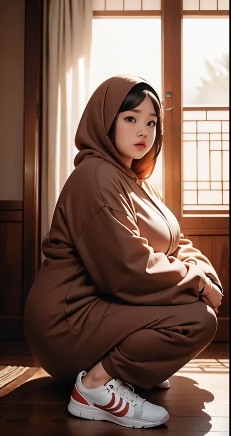 there is a woman sitting down with a longest brown hair, bbwchan, thicc, brown hijab outfit, brown hairstyle model, korean girl, korean woman, wearing brown robe, full length shot, alluring plus sized model, japanese goddess, clothed in hooded, voluptuous ...