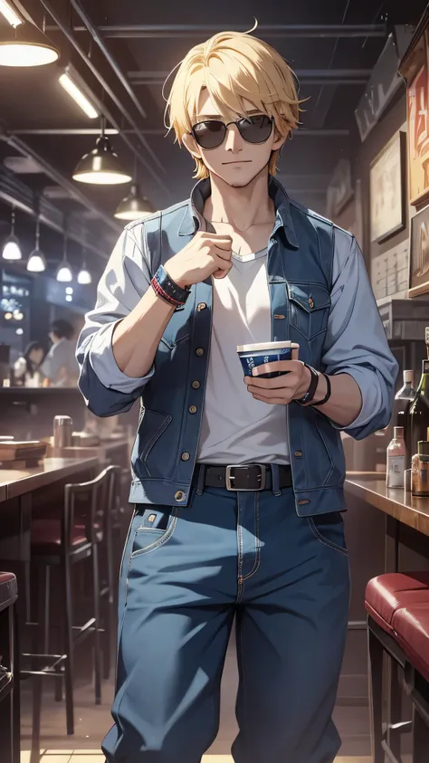 最high quality、best image quality、masterpiece、male((20-year-old、 By becoming、wide open breast tea、輝くeye, blonde、shortcut、black vest、blue t-shirt、denim pants、Wristband、stubble、muscular、eye、sunglasses、full body tattoo、smile、holding beer bottles、red long sleev...