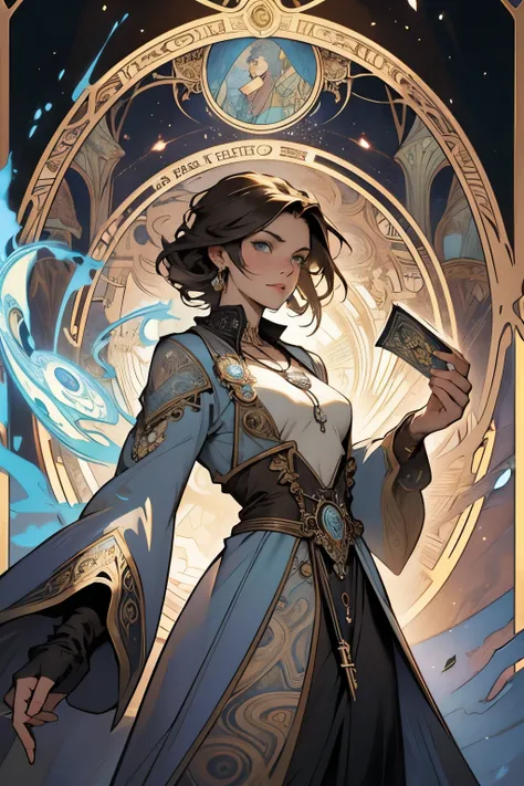 1 mid age lady, short brown hair, light blue eyes,traveler, magician coat, silver key on the necklace, floating books, (zendispute, mandala, dispute, endispute: 0.6), (fractal art style), chaos in its most beautiful form, tarot card border in the front, mu...