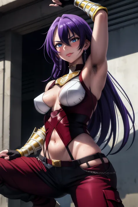 masterpiece, nsfw, perfect lighting, ultra_detailed,  ((1girl)), smug, squatting, muscular female, smug, ArthurPgon, 1girl, purple hair, long hair, bangs, hair between eyes, blue eyes, jewelry, earrings, lips, medium breasts, (armor), bare shoulders, red g...