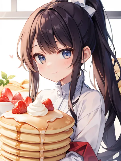 Masterpiece,best quality,ultra detailed,1girl, ponytail, smile, happiness,(((giant pancakes))), ((colorful topping)),(many fruits),(((ultra many fresh cream on the pancakes)))