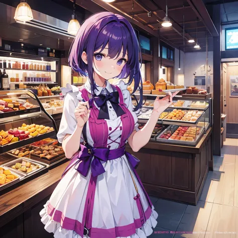 (T Masterpiece，4k wallpaper，best quality))、((girl１people))、(solo)、Shining and vivid，(purple hair)、(shortcut:1.3)、smile、sweets、restaurant