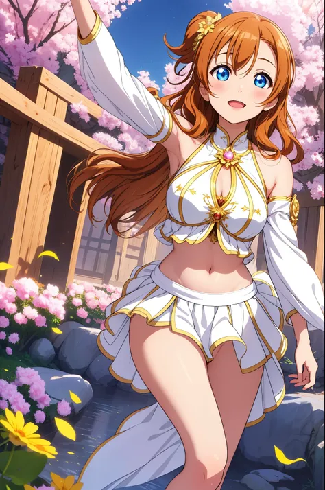 (best quality, realistic:1.2), kousaka honoka, long hair, stunning eyes,((hourglass body:1.2)), mesmerizing glowing eyes, long dress with sleeves, midriff, skin tight,delicate blush, enchanting night scenery, blooming flowers under the moonlight, warm sunl...