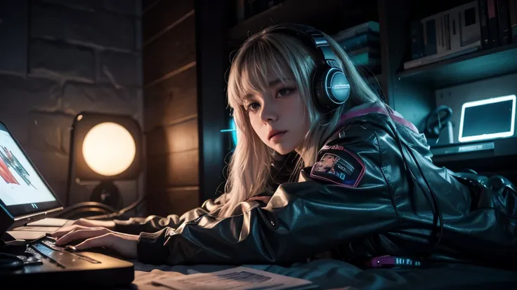 A cyberpunk-themed image of a white long hair girl relaxing in a futuristic room with neon lights, books and notes, headphones, and a holographic lofi music player. she is sleeping on the bed wearing cyberpunk clothes The image is in 16:9 aspect ratio for ...