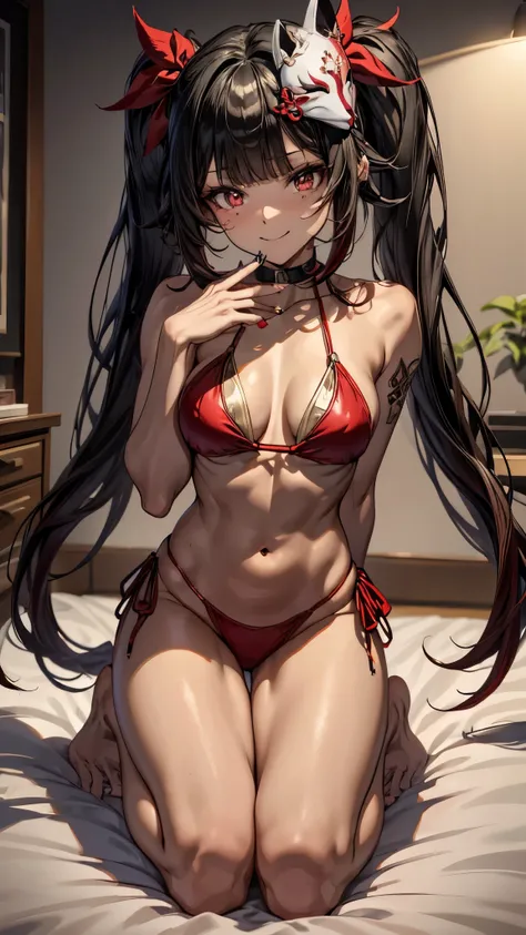 Face: Artistic style, Anime style Color: Predominantly red with contrasts of black and white, Eye color: bright crimson red, with luminous reflections. Hair color Black with red highlights, Hairstyle: Long with twintails, adorned with the traditional red a...