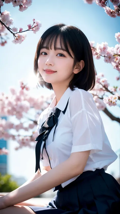 (highest quality,masterpiece:1.3,ultra high resolution),(Super detailed,caustics,8k),(photorealistic:1.4,RAW shooting),1 girl,(smile),(looking down at the camera),18-year-old,cute,Japanese,black hair short cut,(school uniform),glamorous,(big ),(face focus)...