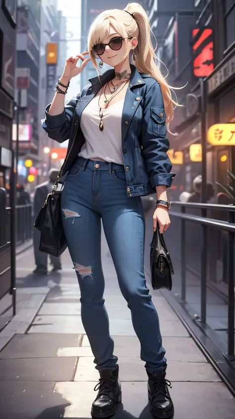 最high quality、best image quality、masterpiece、girl((20-year-old、 By becoming、vest bust、medium bust,wide open breast tea、shining eyes, blonde、long hair、thin,highest valley、ponytail、sunglasses、denim pants、white shirt、Jeans、smile、full body tattoo,diamond earri...