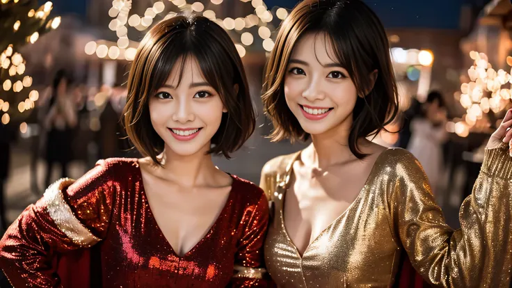 A sparkling Christmas night、sacred costume、provocative smile、short hair、beautiful japanese actress、sakimichan、cinematic light， realistic， masterpiece， highest quality， complex CG，highly detailed face，high detail eyes，