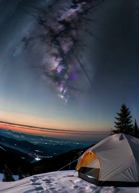 beautiful mountain　small tent on the mountaintop、beautiful scenery、starry sky、aurora、fisheye lens