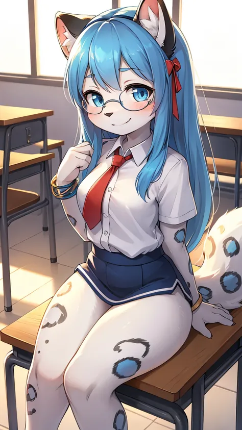 snow leopard girl,blue eyes,blue long hair,white leopard ears,white leopard tail,black leopard print,white leopard fur,white shirt with blue line,shirt tail,white mini skirt with blue line,ribbon hairpin,glasses,fluffy bracelet,classroom,morning,white sunl...