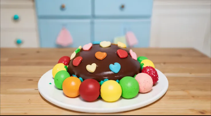 on a wooden table, on a white porcelain plate there is a tiny chocolate cake, around the cake there are tiny multicolored balls, on the cake are cookies in the form of hearts, cookies are attached with the help of green filling, between the cake and the ba...