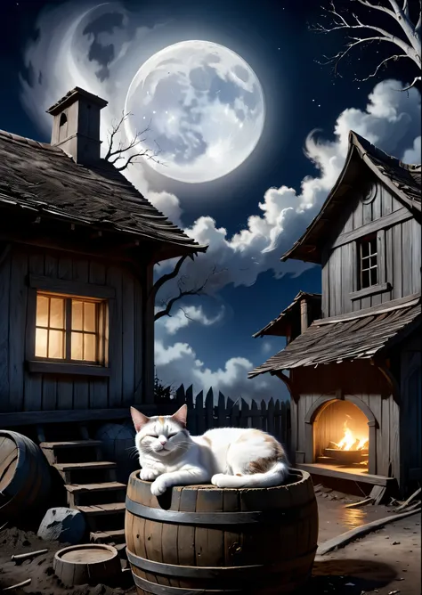 a cat sleeping on a large wooden barrel in front of an old mud-walled house、white smoke is coming out of the chimney、under a dea...