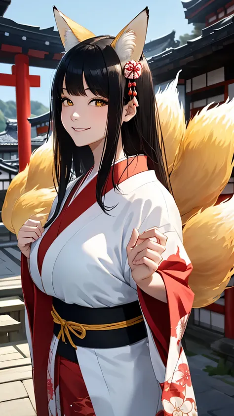 (masterpiece, best_quality, ultra-detailed, immaculate:1.3), portrait, upper body, detailed face, detailed hands, ((1girl:1.35)), epic, ((kitsune, (((9 tailed fox))), foxgirl, japanese spirit)), cute beautiful ideal japanese girl, ((beautiful red kimono)),...