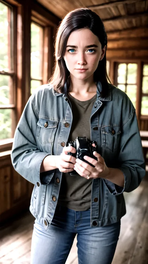 1 girl, Alone, (EllieTLOU2), brown hair, green eyes, inside a wooden cabin, overgrown, forest, sitting, jeans, jacket, shirt, jacket, ultra-realistic representation, meticulous details in characterization, impeccable lighting, superior visual quality, Phot...