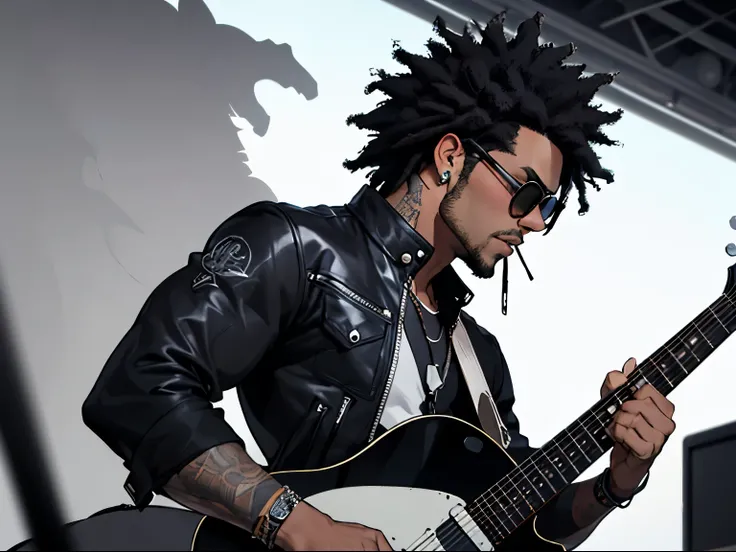 logo, lenny kravitz face, perfil, with a guitar, sunglasses, only lines, black and white, 