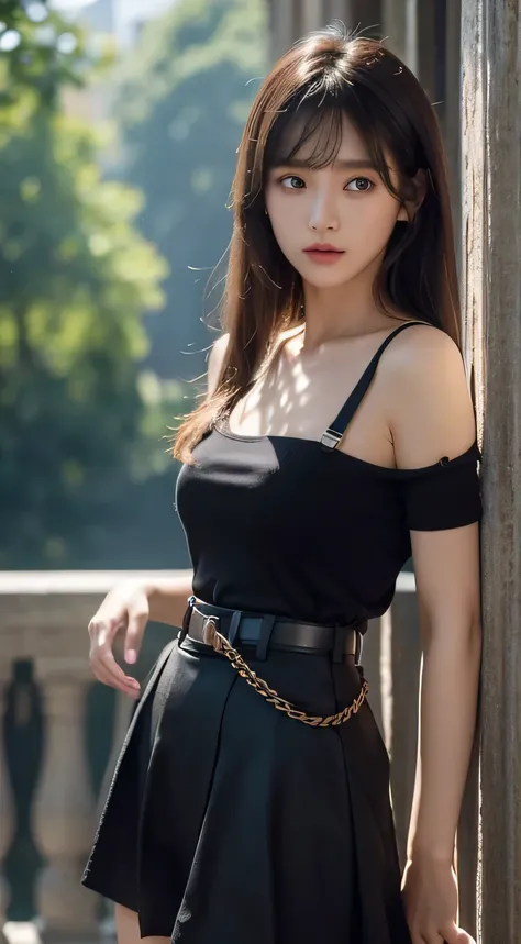 ​masterpiece、flat-colors、depth of fields、lens flare Maria vania、、Brown hair、watching at viewers　　　　a belt　black suspenders　　　bulging big breasts　　　 　 Armpit sweat　perspiring　Side of both hands　　walls: 　Black pants, 　Gaze　　　Small face　Bangs Upper Eyes　flank...