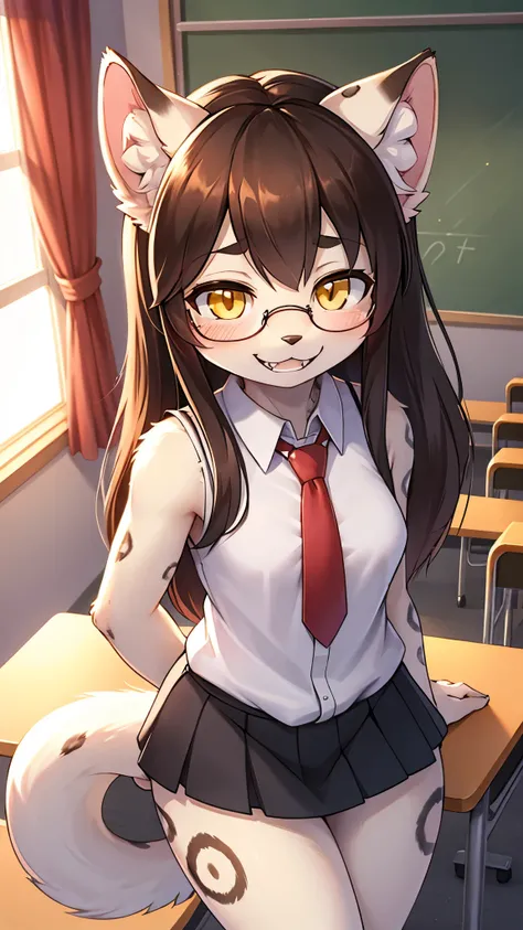 snow leopard girl,yellow eyes,red long hair,white leopard ears,white leopard tail,black leopard print,beige fur,white shirt,sleeveless,red necktie,dark blue mini skirt,glasses,classroom,morning,white sunlight,looking at viewer,grin,fangs,seductive face,ful...