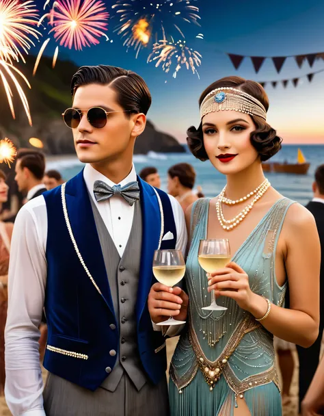 Vintage photography style, art deco style，best quality,8k,high resolution,super detailed，super clear，,creative style artwork,classical，（Many fashionable boys and girls partying on the beach），（Warm and lively  atmosphere），wine glass，High-end wineware，crazy ...