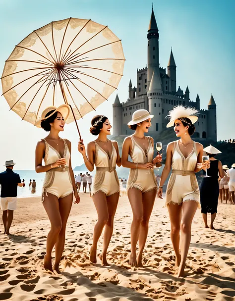 Vintage photography style, art deco style，best quality,8k,high resolution,super detailed，super clear，,creative style artwork,classical，（Many fashionable boys and girls partying on the beach），（Warm and lively  atmosphere），wine glass，High-end wineware，crazy ...