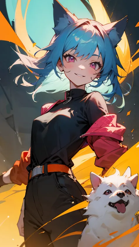 Portrait of one person、16 year old girl、riders jacket、casual style、small breasts、light blue hair、dog ears、pink eyes、smile, impression, (oil), Green and orange tones